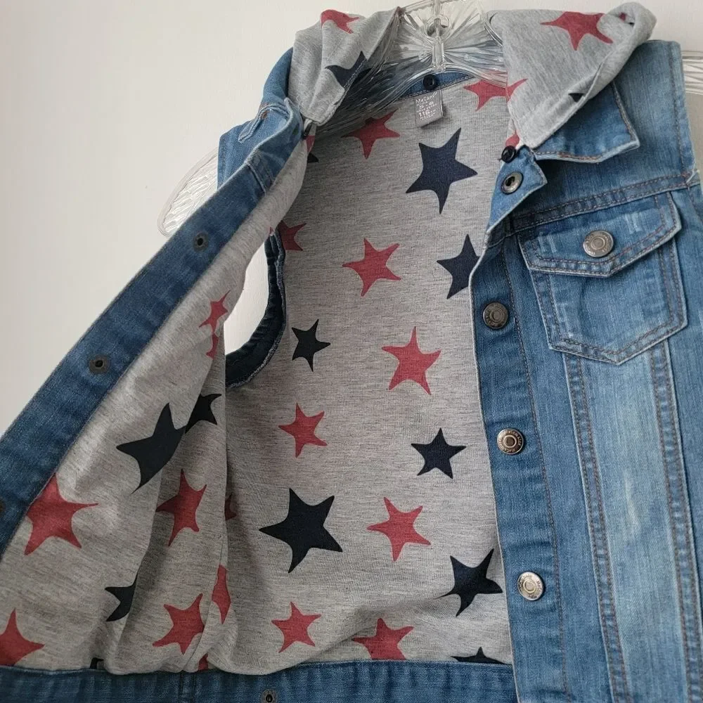 Boys or Girls Denim with Cotton Lined Front Open Buttons Hooded Vest Size 5-6